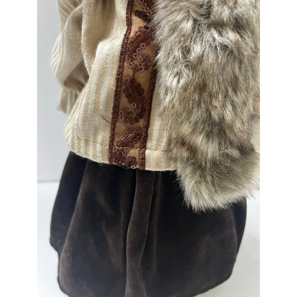 Christmas Decorative Snowwoman Plush Faux Fur Hat & Coat Brown Tan Feathers 16